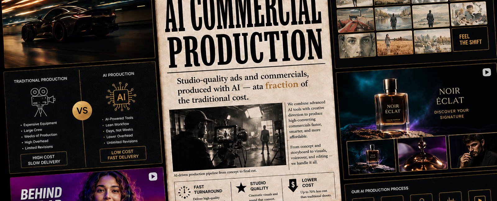 Automotive and fragrance commercial stills beside a traditional-versus-AI production comparison.