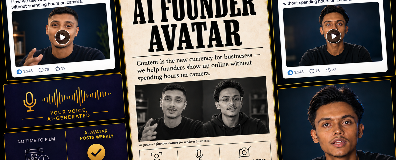Social video posts of a founder avatar alongside a voice-cloning waveform.