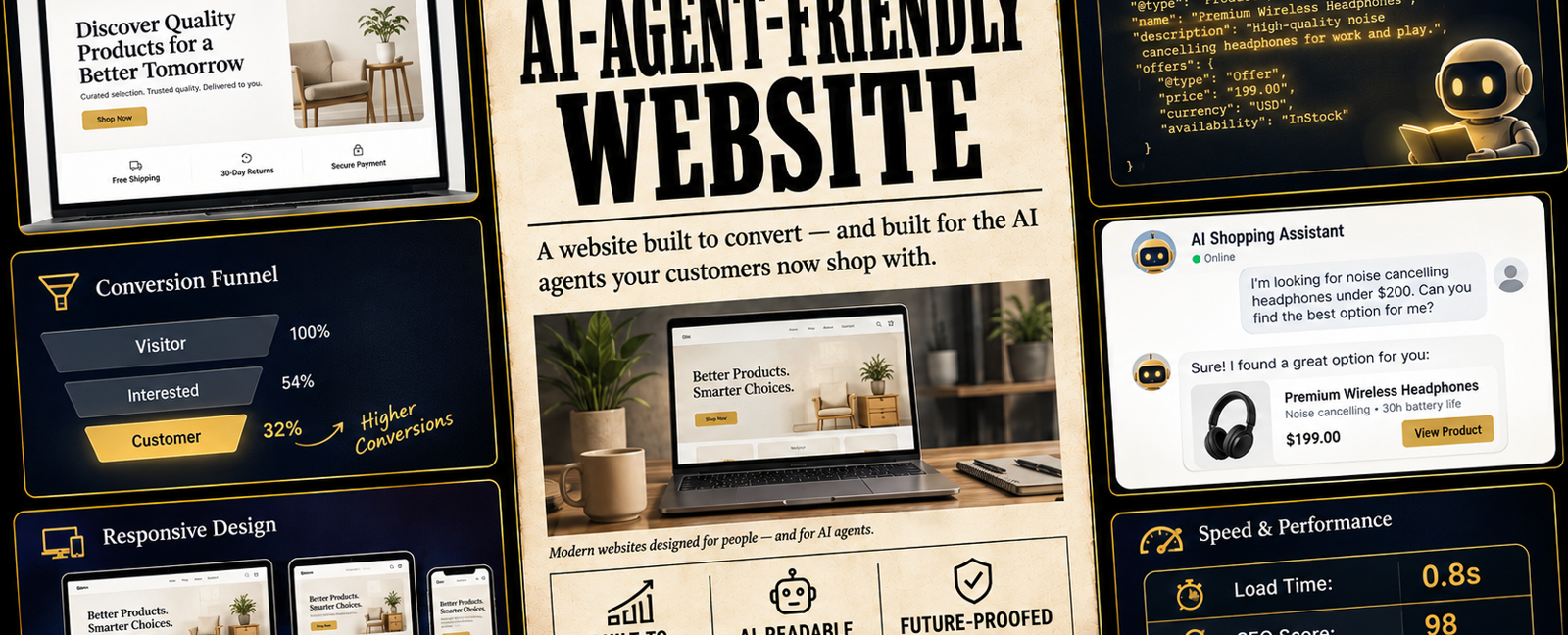 A product storefront with a conversion funnel, structured-product data and an AI shopping assistant.